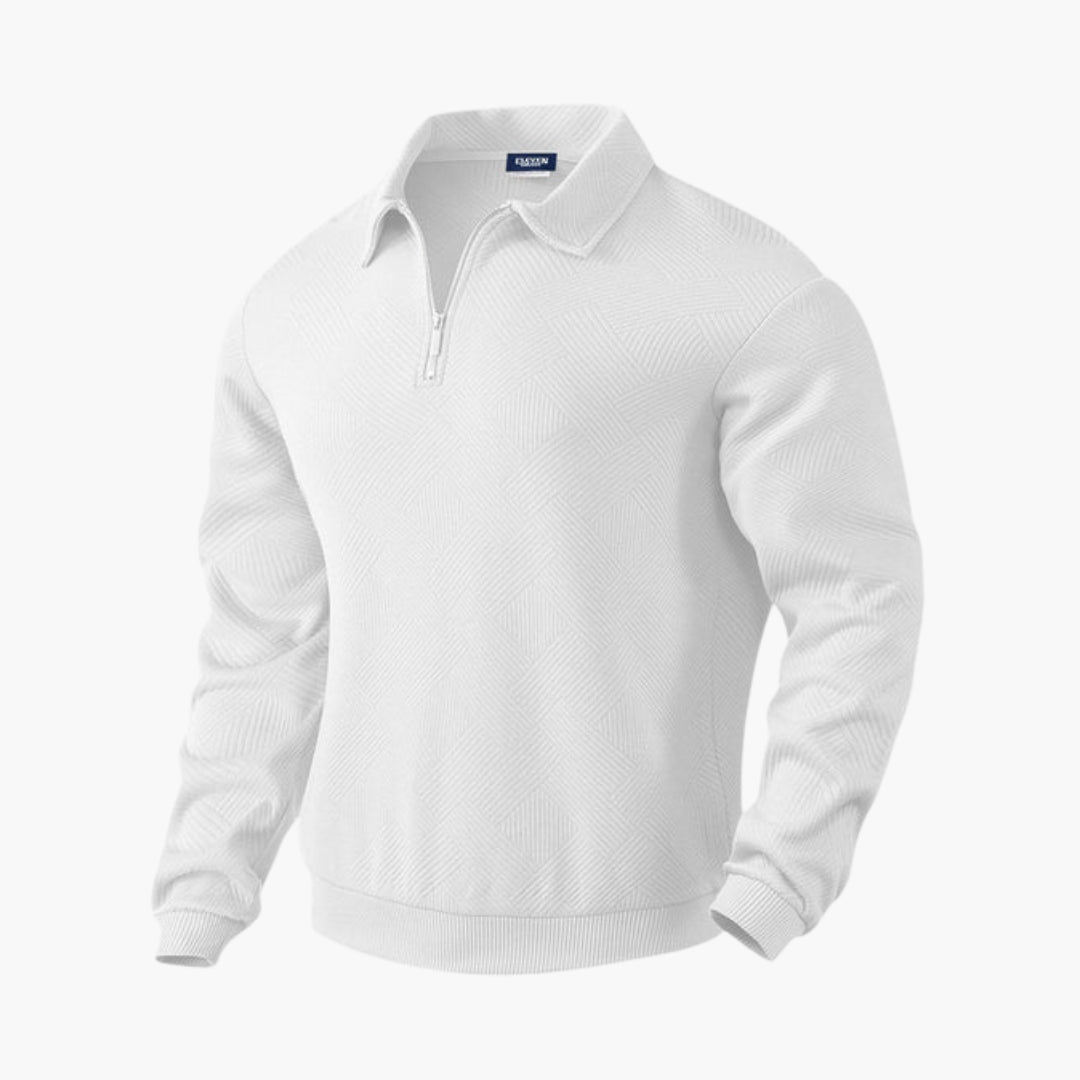 Men's navy half-zip sweater with textured geometric pattern, ribbed edges, and folded collar