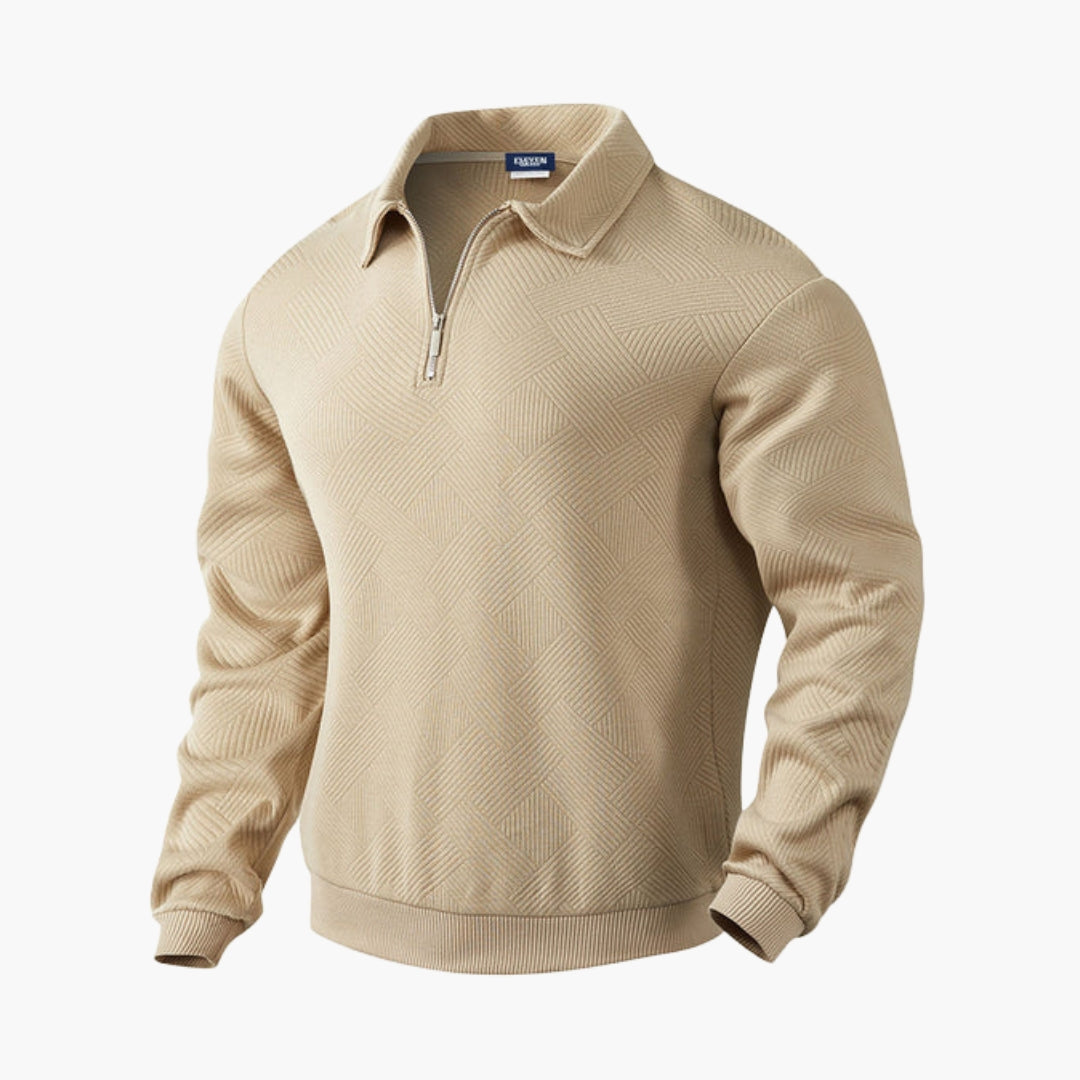Men's navy half-zip sweater with textured geometric pattern, ribbed edges, and folded collar
