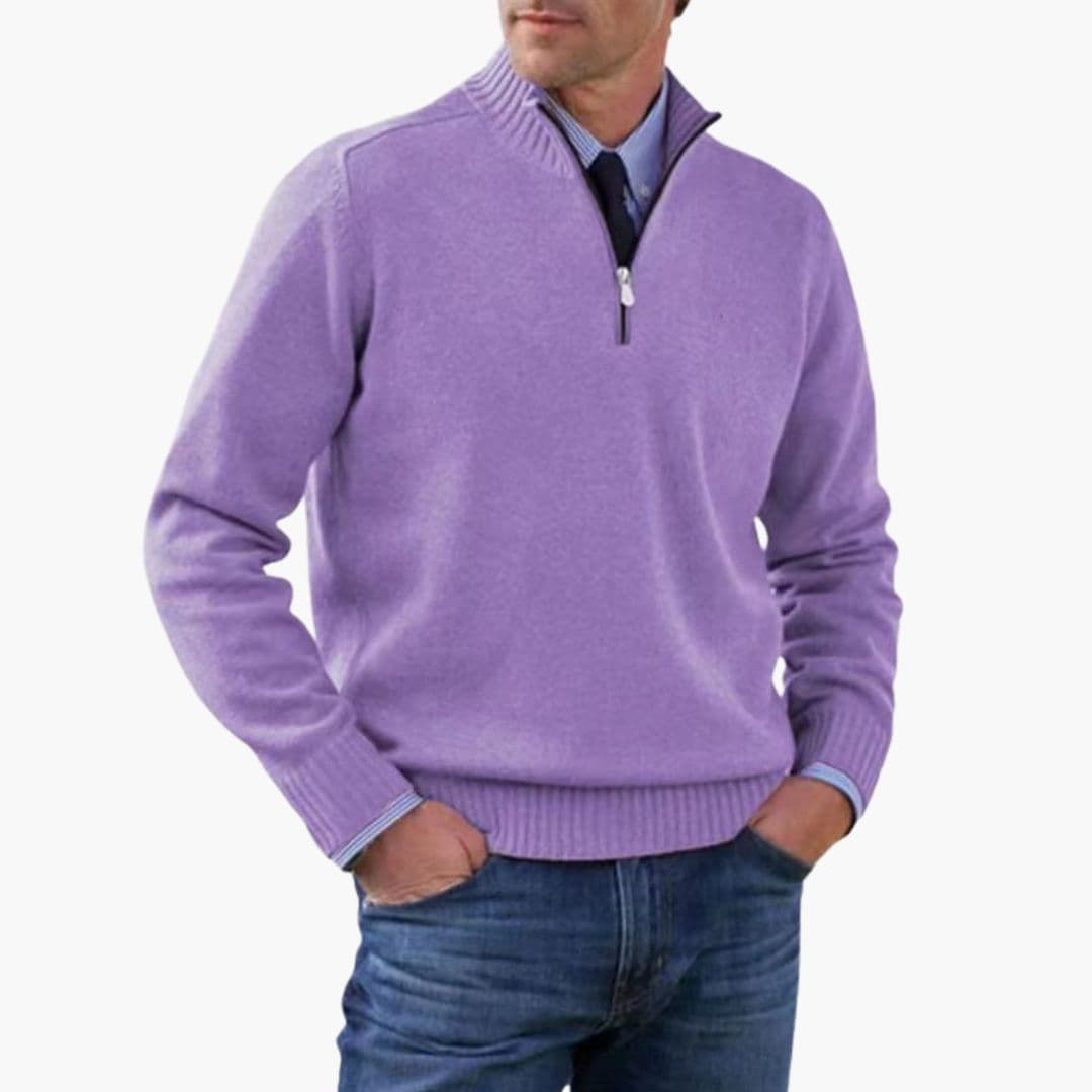 Men's half-zip pullover sweater with stand-up collar, ribbed hem, structured everyday comfort