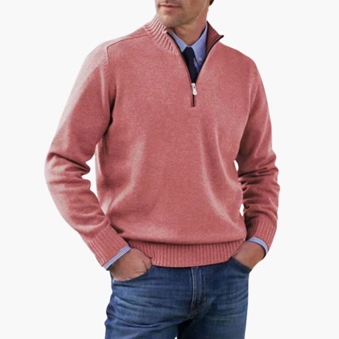 Men's half-zip pullover sweater stand-up collar ribbed hem versatile everyday comfort structured fit