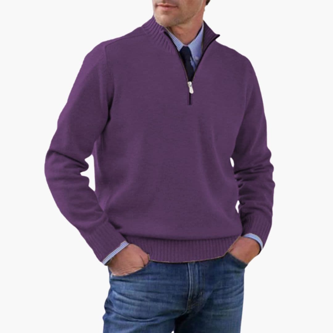 Men's half-zip pullover sweater stand-up collar ribbed hem structured everyday comfort layer