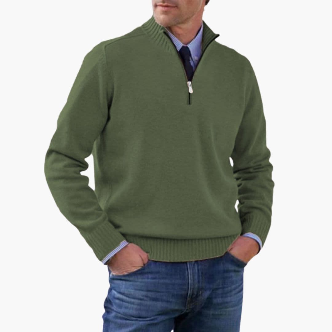 Men's half-zip pullover sweater stand-up collar ribbed hem structured everyday comfort layer