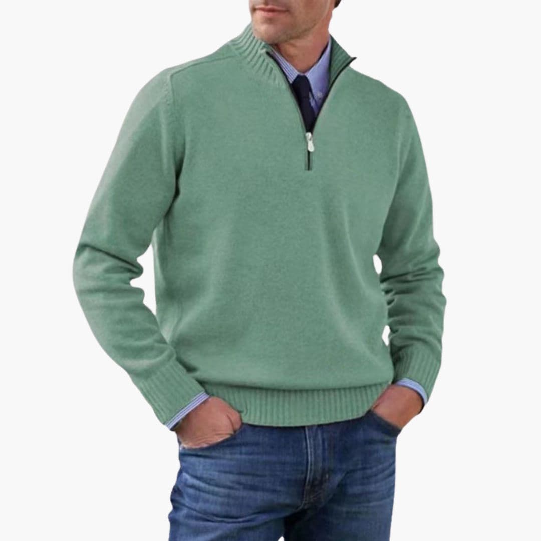 Men's half-zip pullover sweater with stand-up collar, ribbed hem, structured everyday comfort