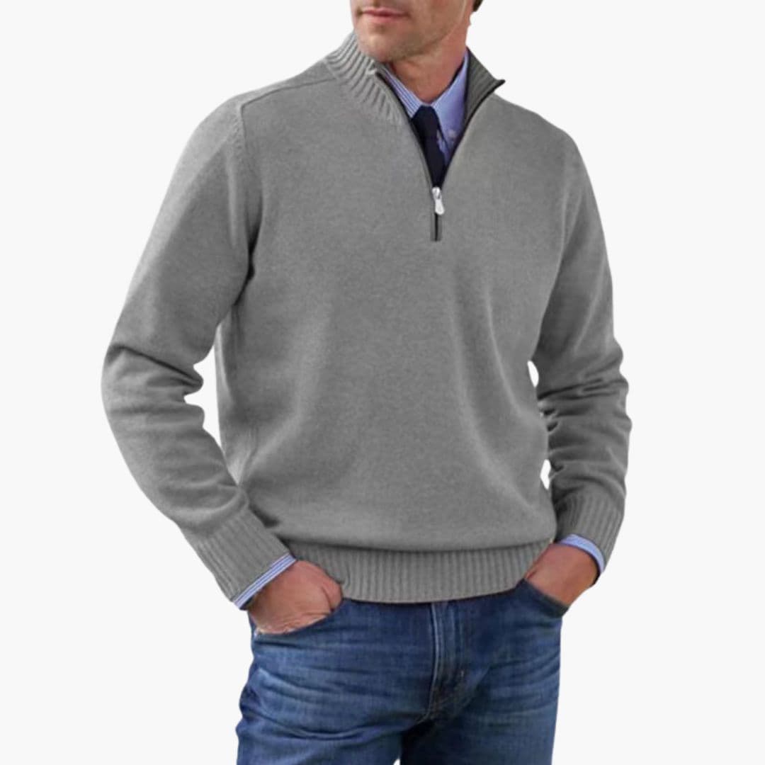 Men's half-zip pullover sweater stand-up collar ribbed hem structured everyday comfort layer