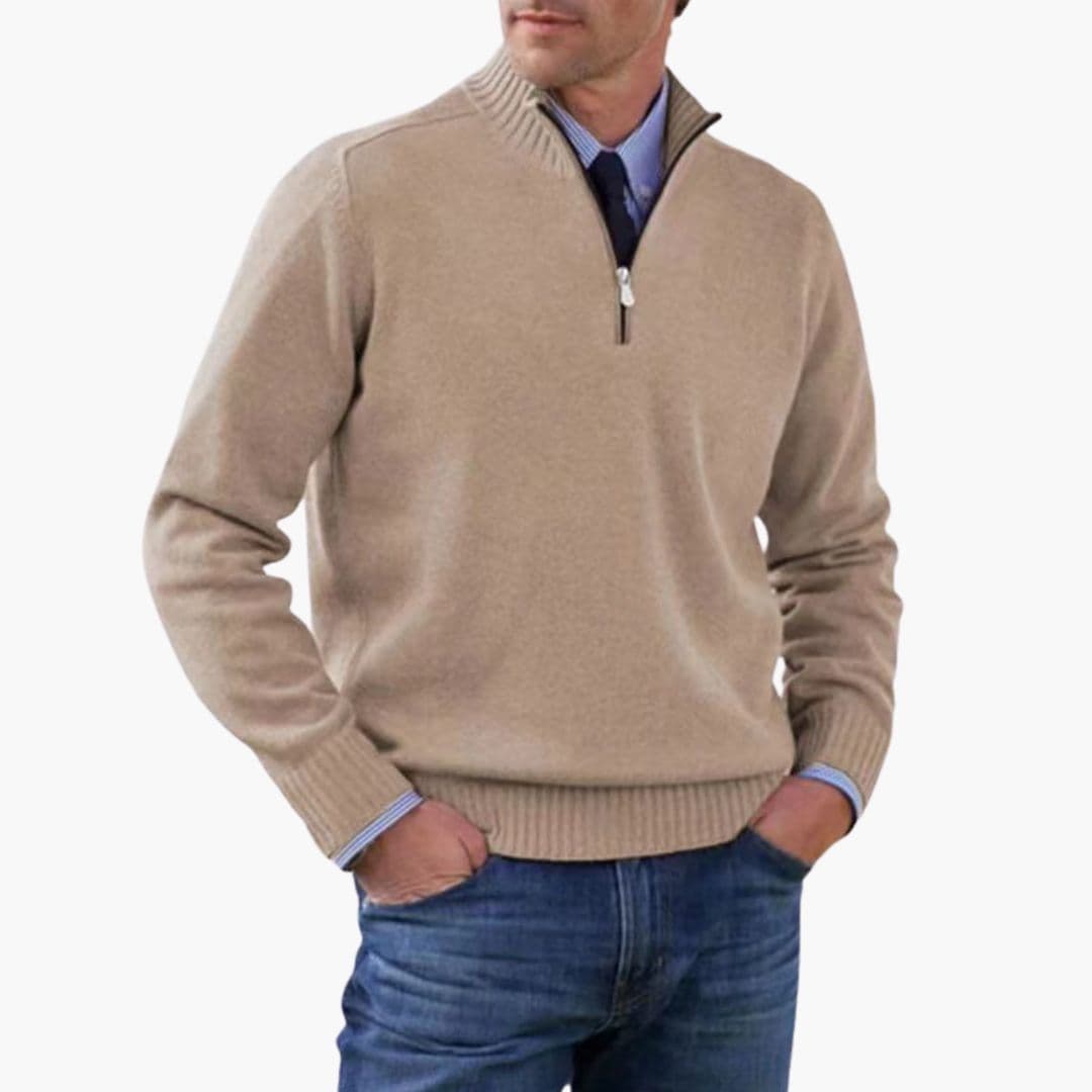 Men's half-zip pullover sweater with stand-up collar, ribbed hem, structured everyday comfort