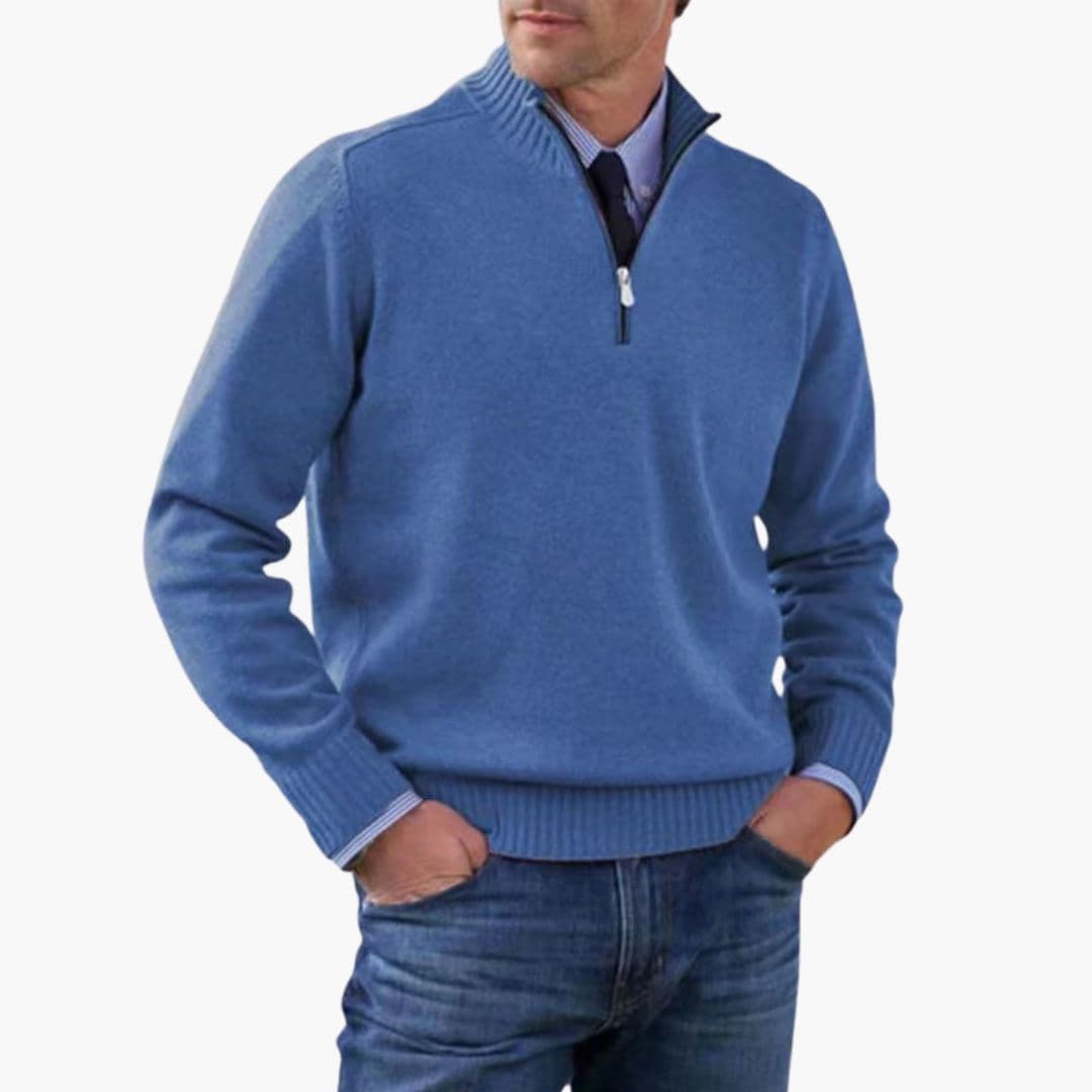 Men's half-zip pullover sweater with stand-up collar, ribbed hem, versatile everyday comfort fit