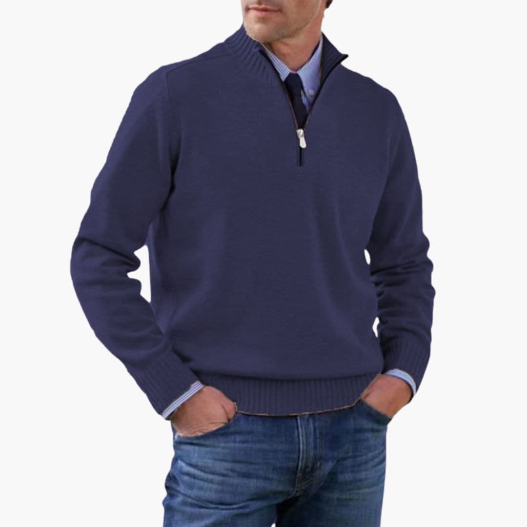 Men's half-zip pullover sweater stand-up collar ribbed hem versatile everyday comfort structured fit