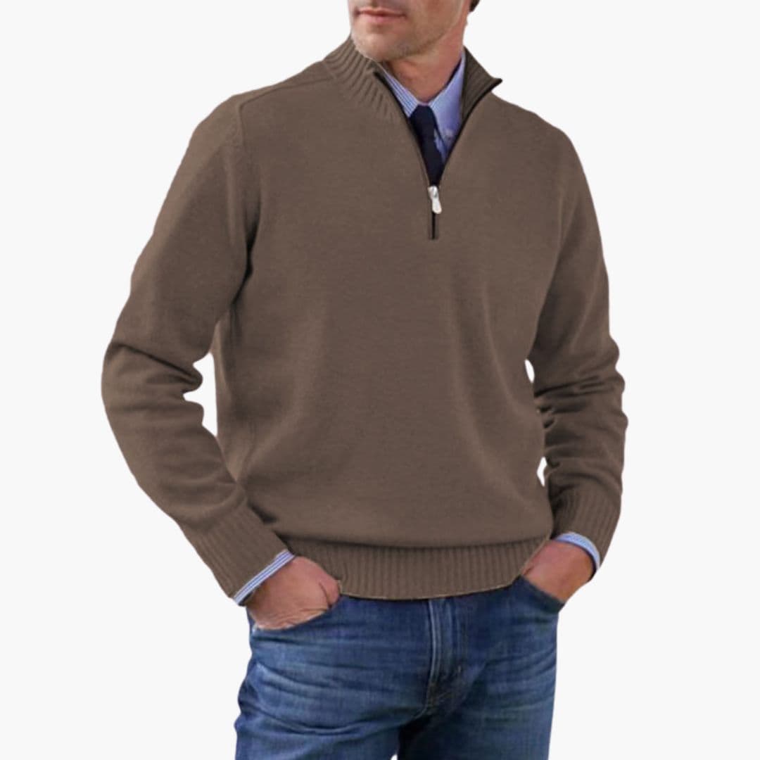 Men's half-zip pullover sweater with stand-up collar, ribbed hem, versatile everyday comfort fit