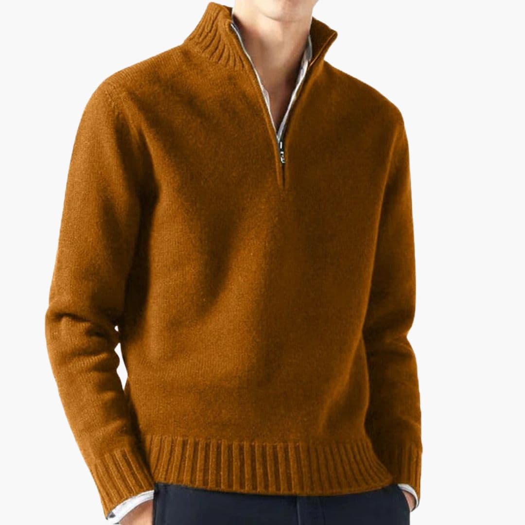 Men's zip-up turtleneck knit sweater ribbed collar half-zip closure versatile everyday layering piece