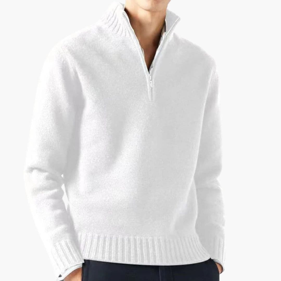 Men's ribbed turtleneck zip-up knit sweater classic half-zip cozy everyday layer neutral tone