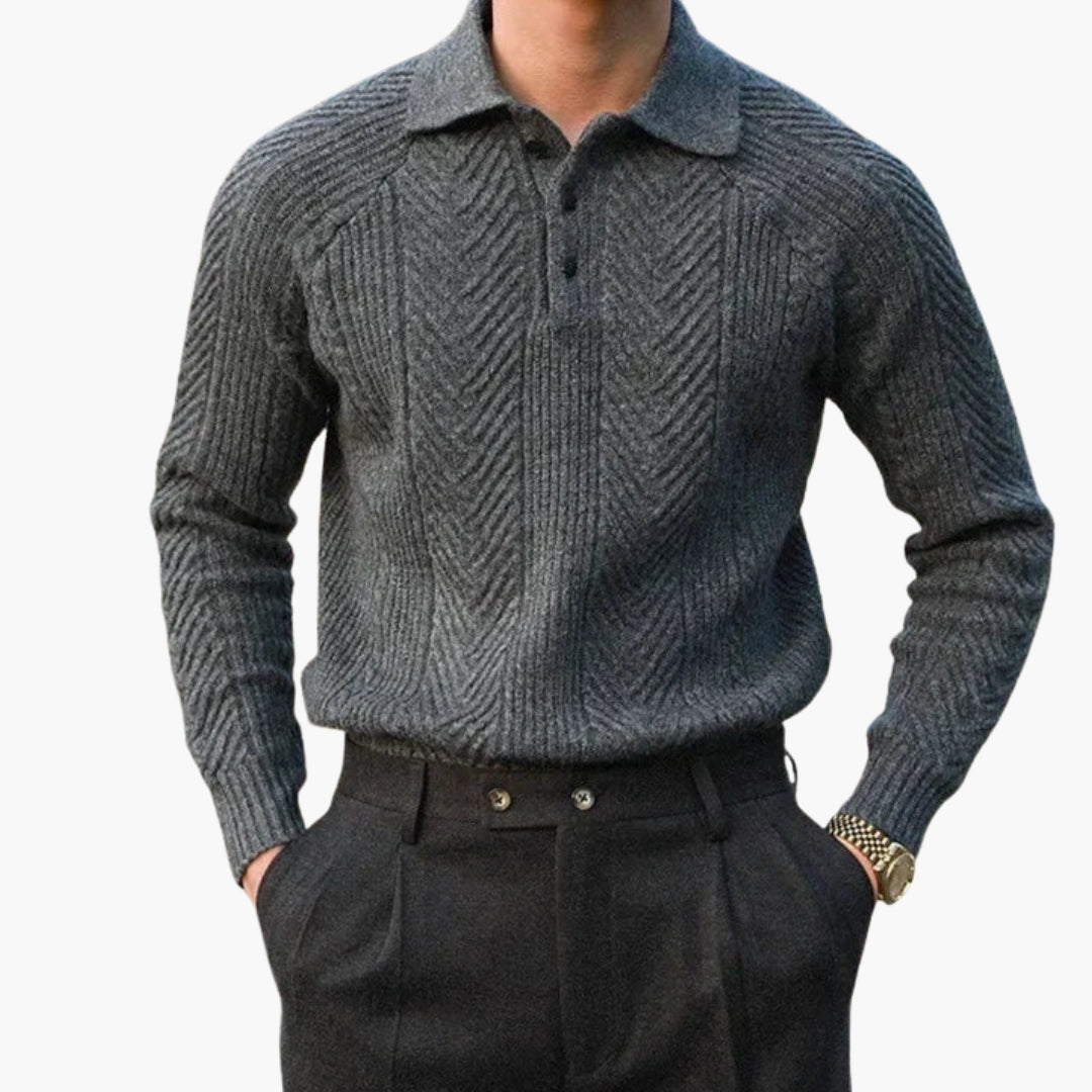 Men's neutral textured knit sweater with buttoned collar, smart-casual directional pattern for versatile layering