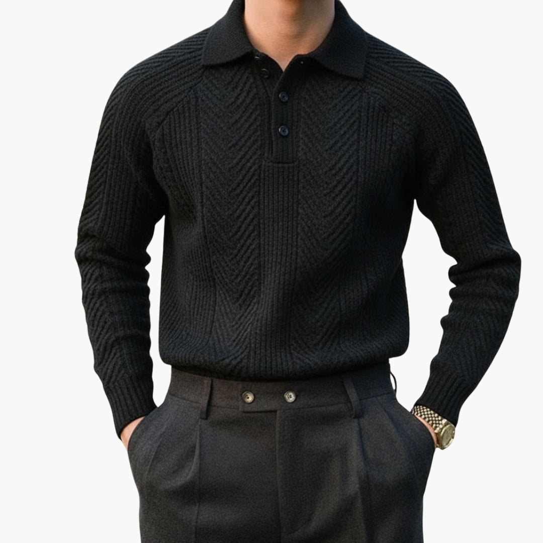 Men's neutral textured knit sweater with buttoned collar, smart-casual ribbed pattern for everyday versatility