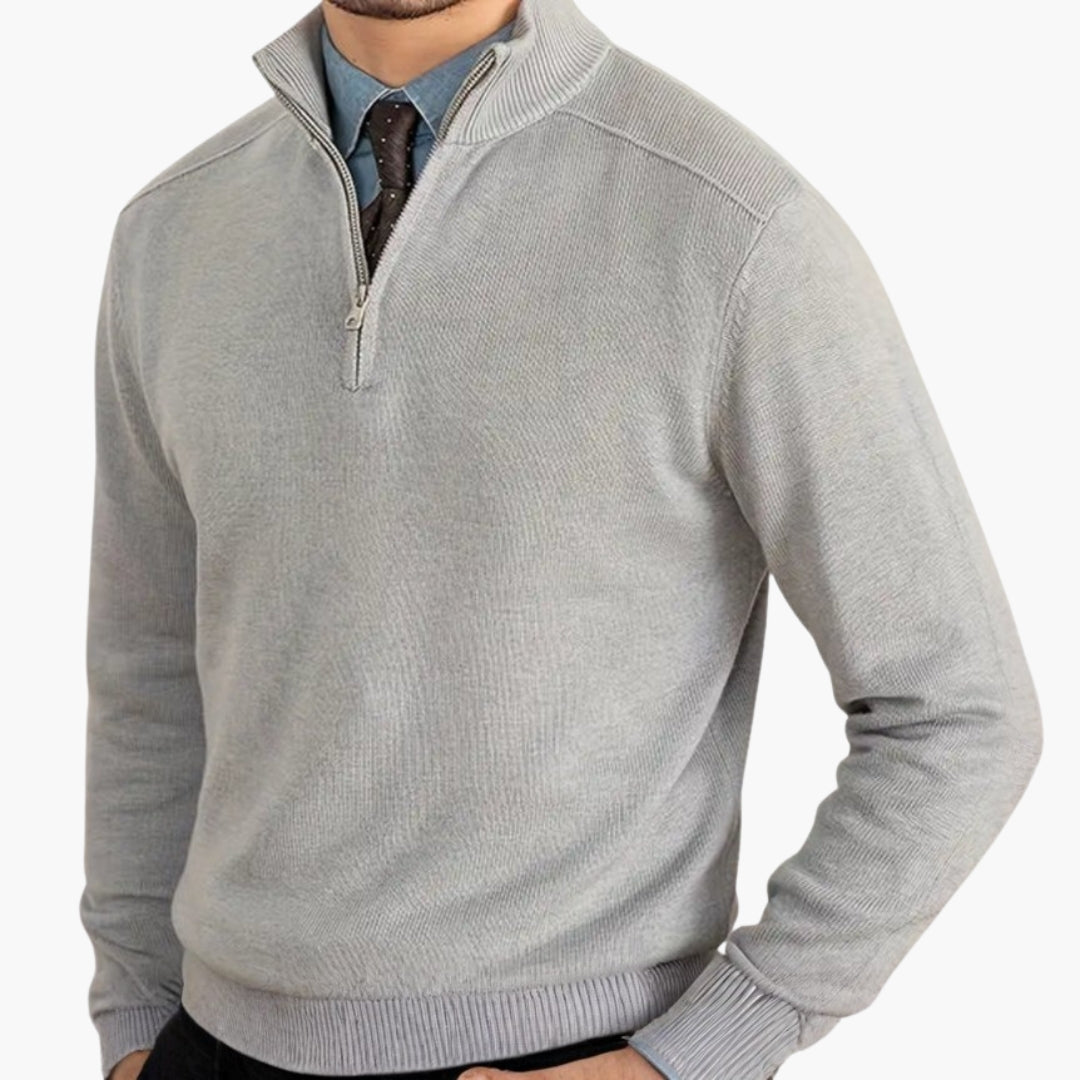 Men's half-zip knit sweater stand-up collar polyester blend cozy layering essential