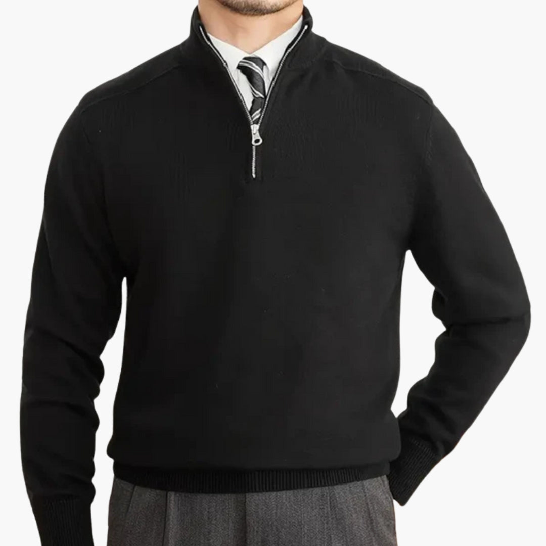 Men's half-zip knit sweater, stand-up collar, polyester blend, versatile mid-layer for casual or business-casual