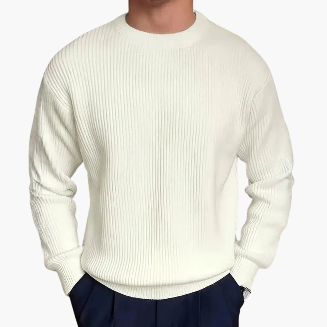 Men's loose fit ribbed knit sweater round neck long sleeve neutral tone layering casual wear