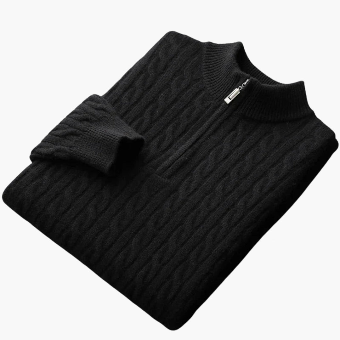 Men's ivory cable knit half-zip pullover sweater with stand-up collar for layering
