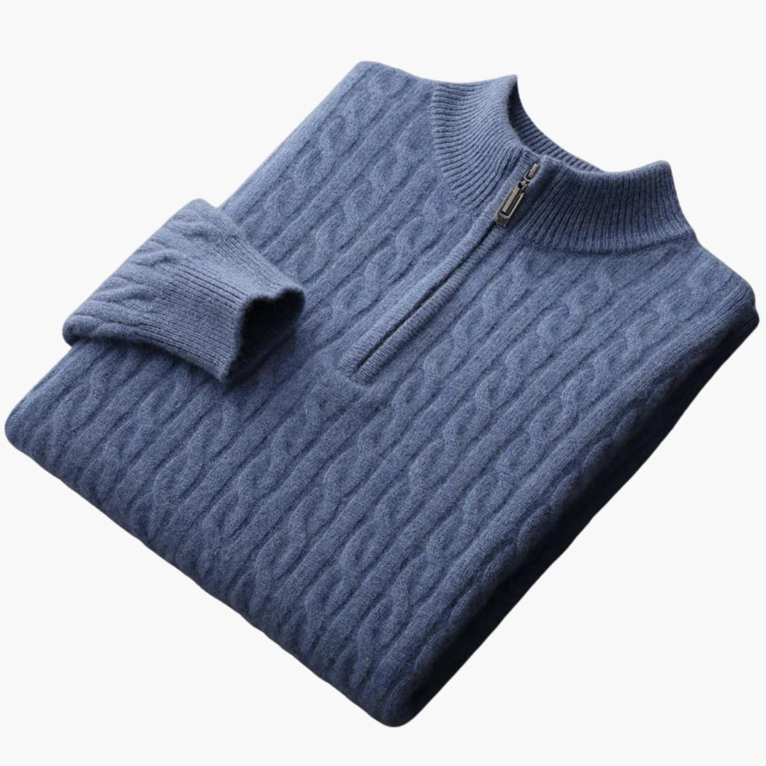 Men's ivory cable knit half-zip pullover sweater with stand-up collar for layering