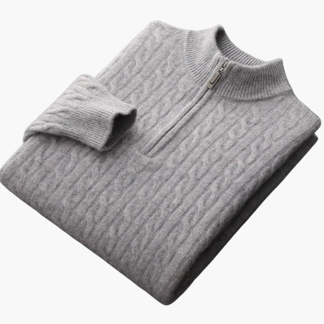 Men's ivory cable knit half-zip pullover sweater with stand-up collar for layering