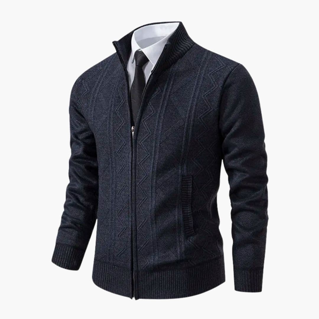 Men's navy zip-up sweater ribbed stand-up collar geometric texture front pockets everyday casual