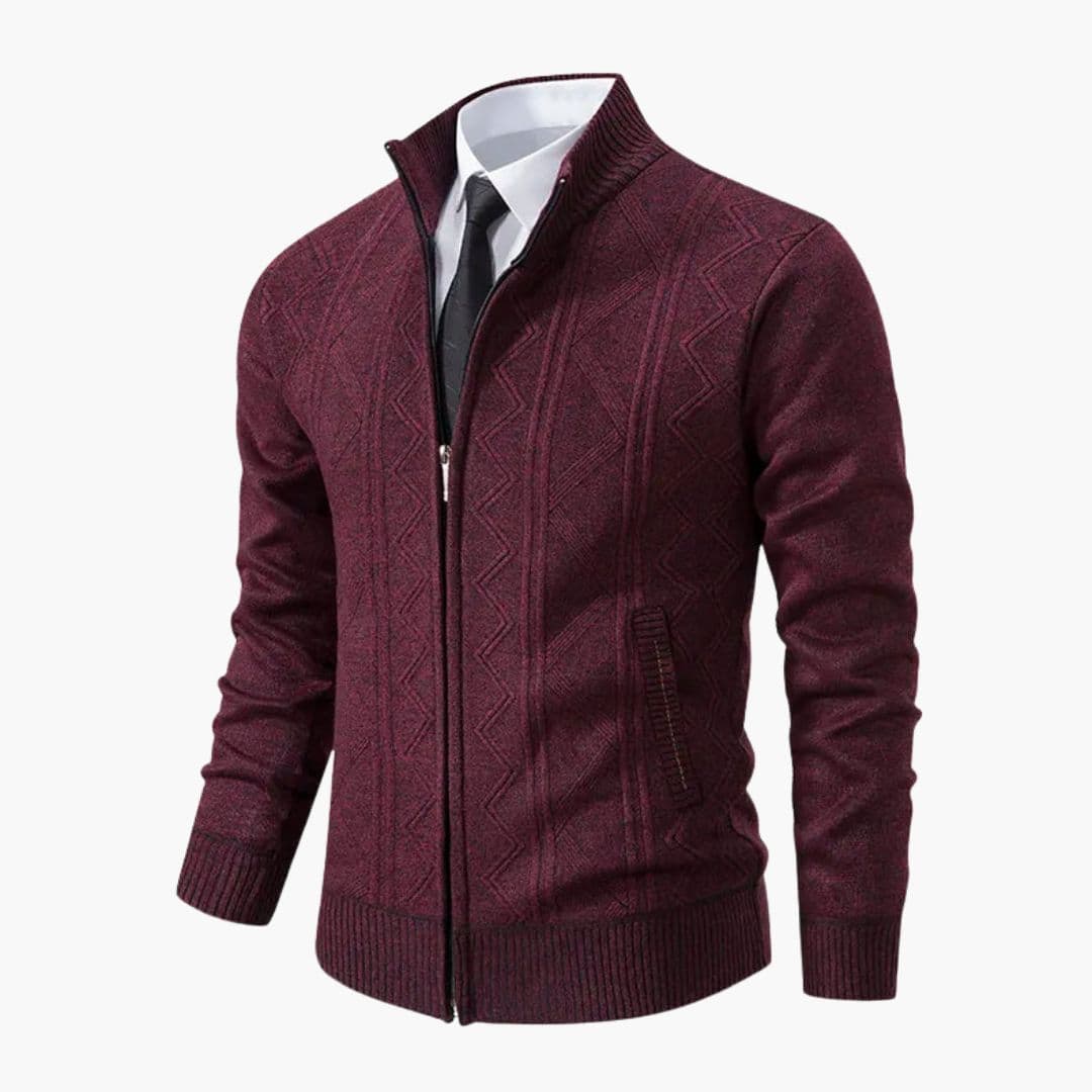 Men's zip-up sweater ribbed stand-up collar geometric texture front pockets everyday casual fit