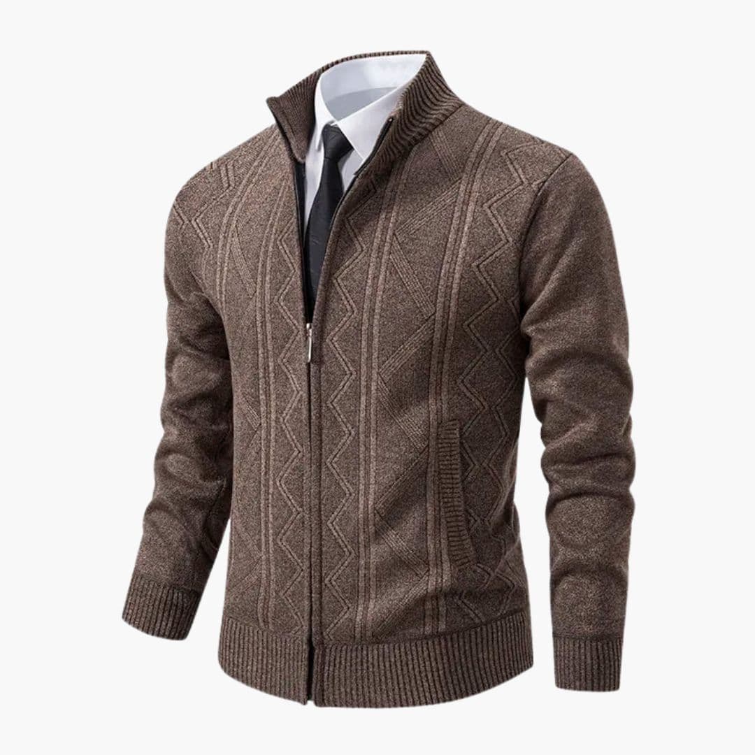 Men's gray zip-up sweater ribbed stand-up collar geometric texture front pockets everyday casual
