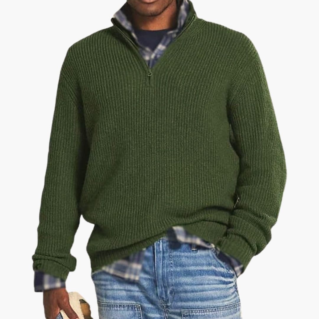 Men's zip-up sweater stand-up collar ribbed knit classic fit versatile everyday layering