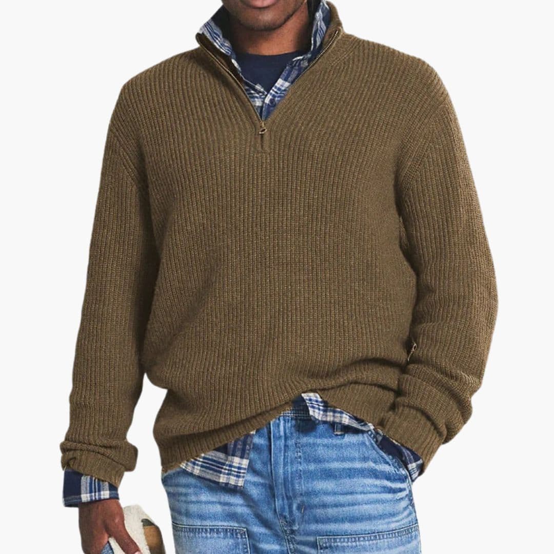 Men's zip-up sweater stand-up collar ribbed knit classic fit versatile everyday layering