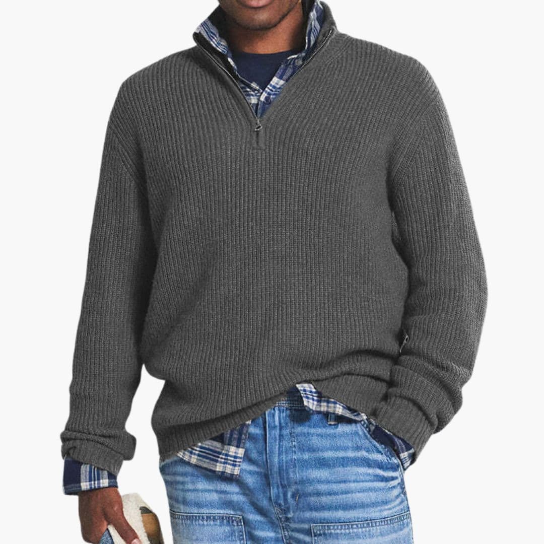 Men's zip-up sweater classic fit stand-up collar ribbed knit versatile everyday layering