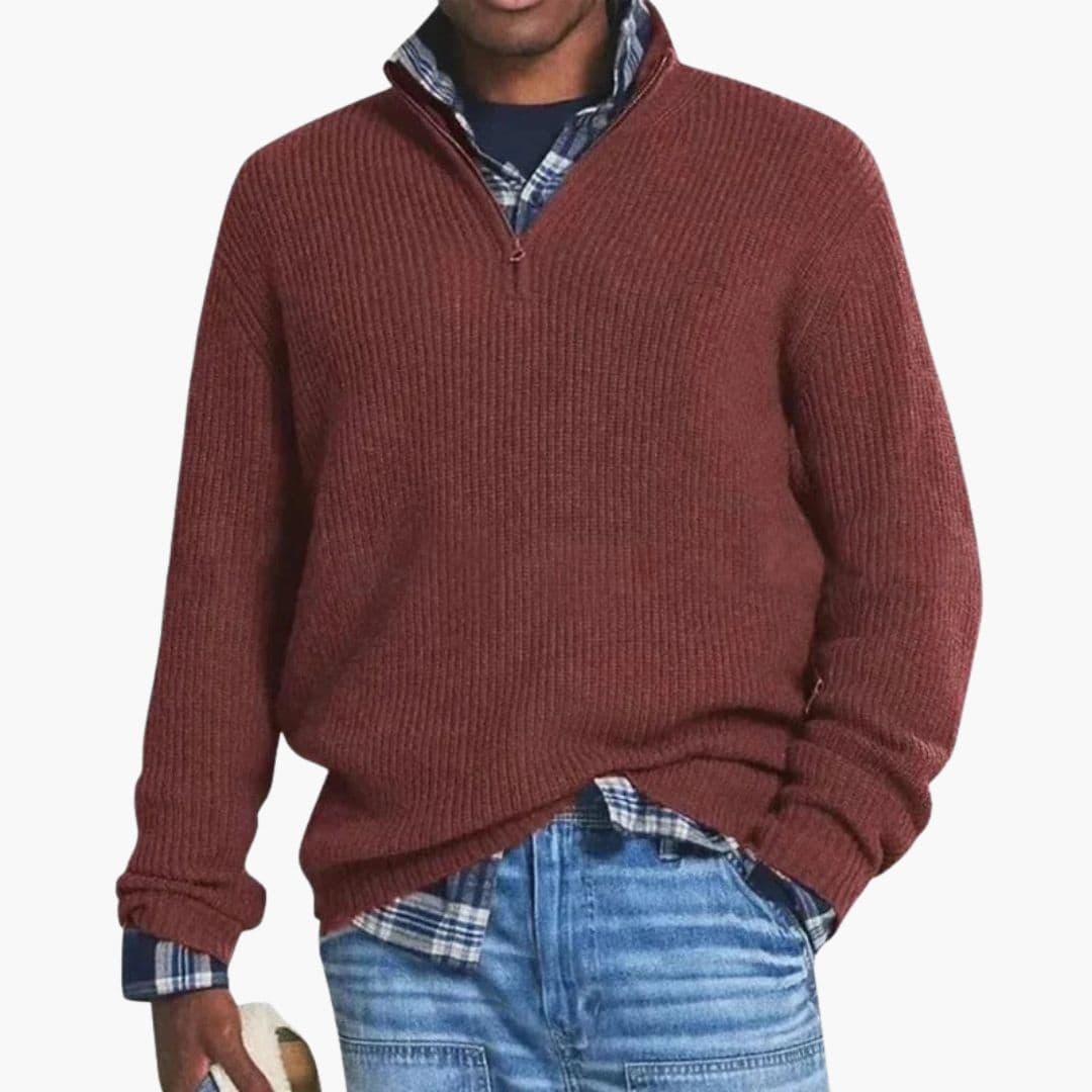 Men's zip-up sweater stand-up collar ribbed knit classic fit versatile everyday layering