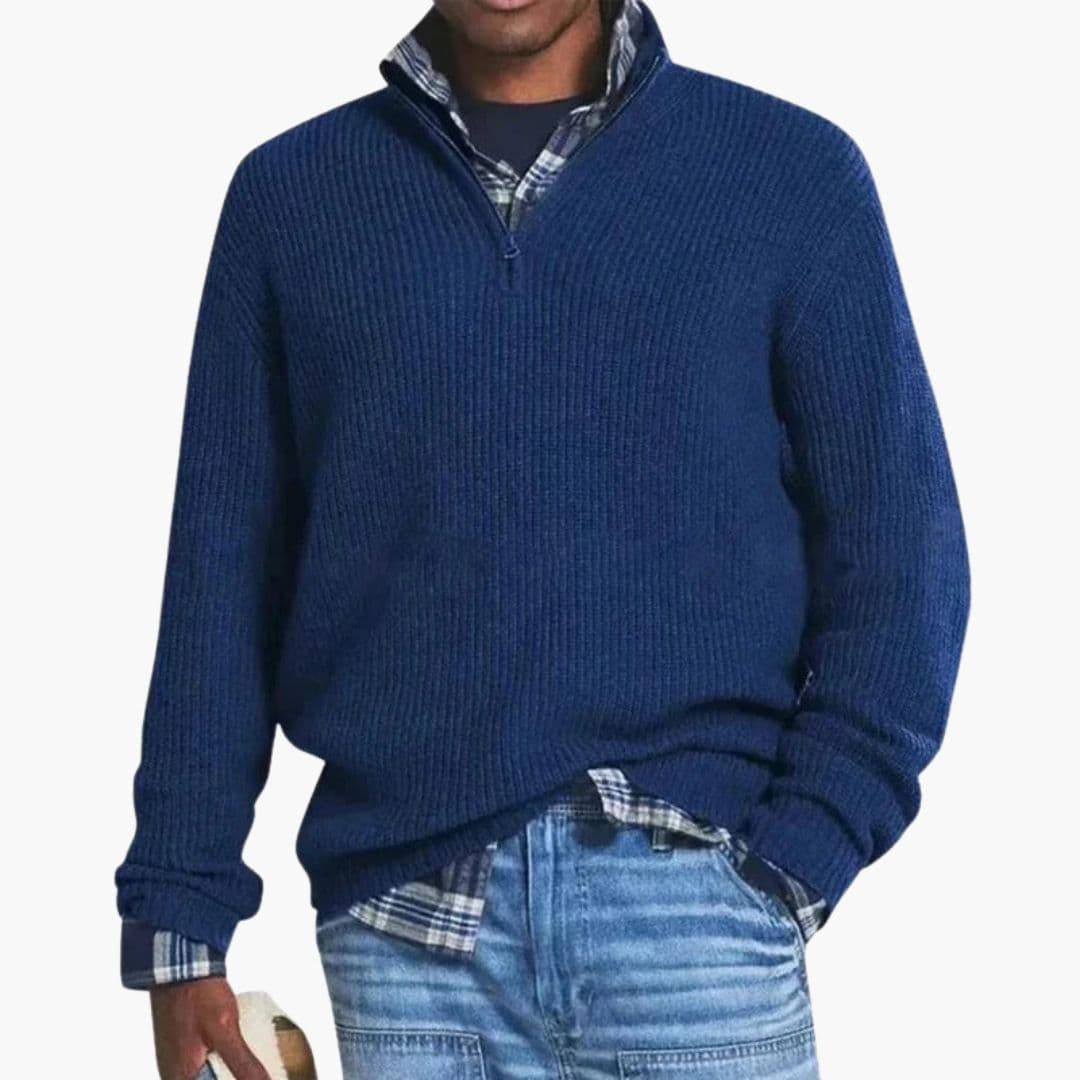 Men's zip-up sweater with stand-up collar, ribbed knit fabric, classic fit for versatile layering