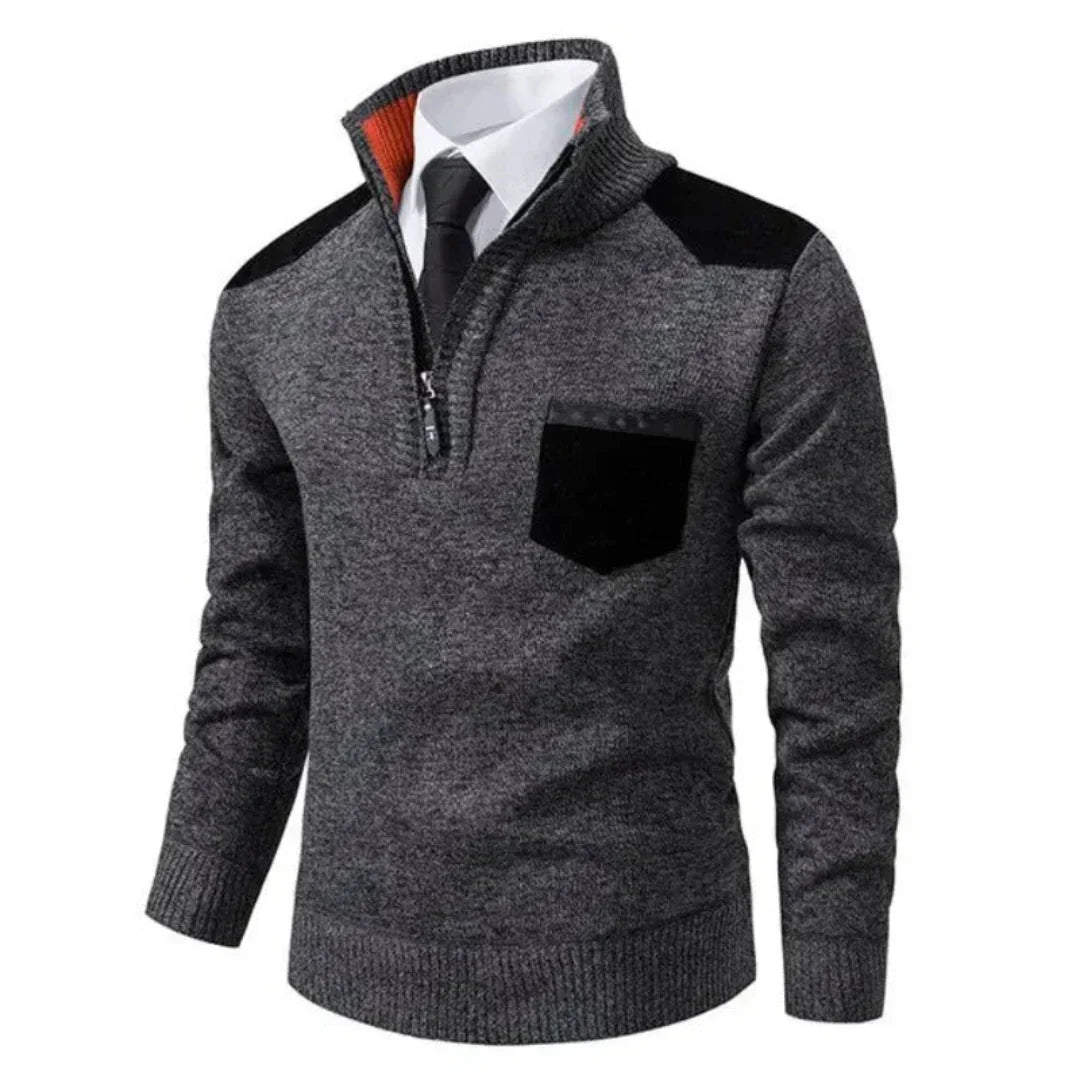 Men's gray knit pullover sweater with modern slim fit and soft ribbed texture for all-day warmth