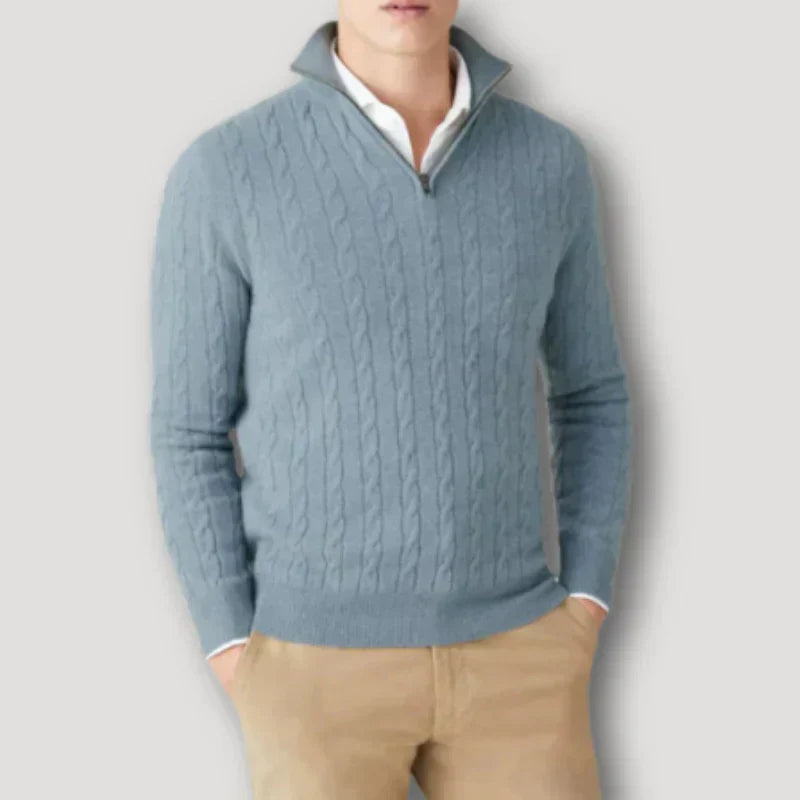 Men's gray Italian cashmere zip-up sweater with ribbed collar, premium softness and modern slim fit