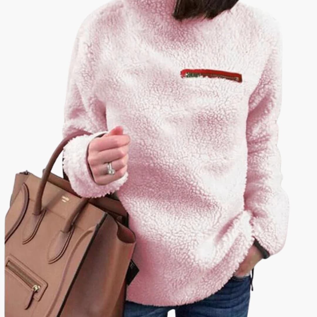 Women's high neck fleece sweater relaxed fit with zippered chest pocket soft textured knit casual style