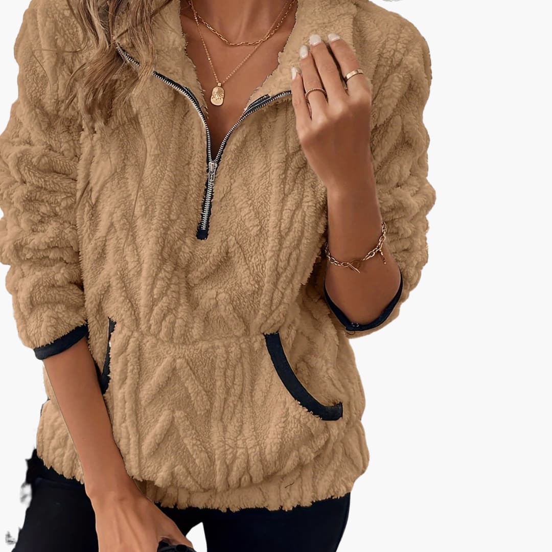 Women's plush fleece pullover half-zip stand-up collar with front pockets cozy relaxed fit