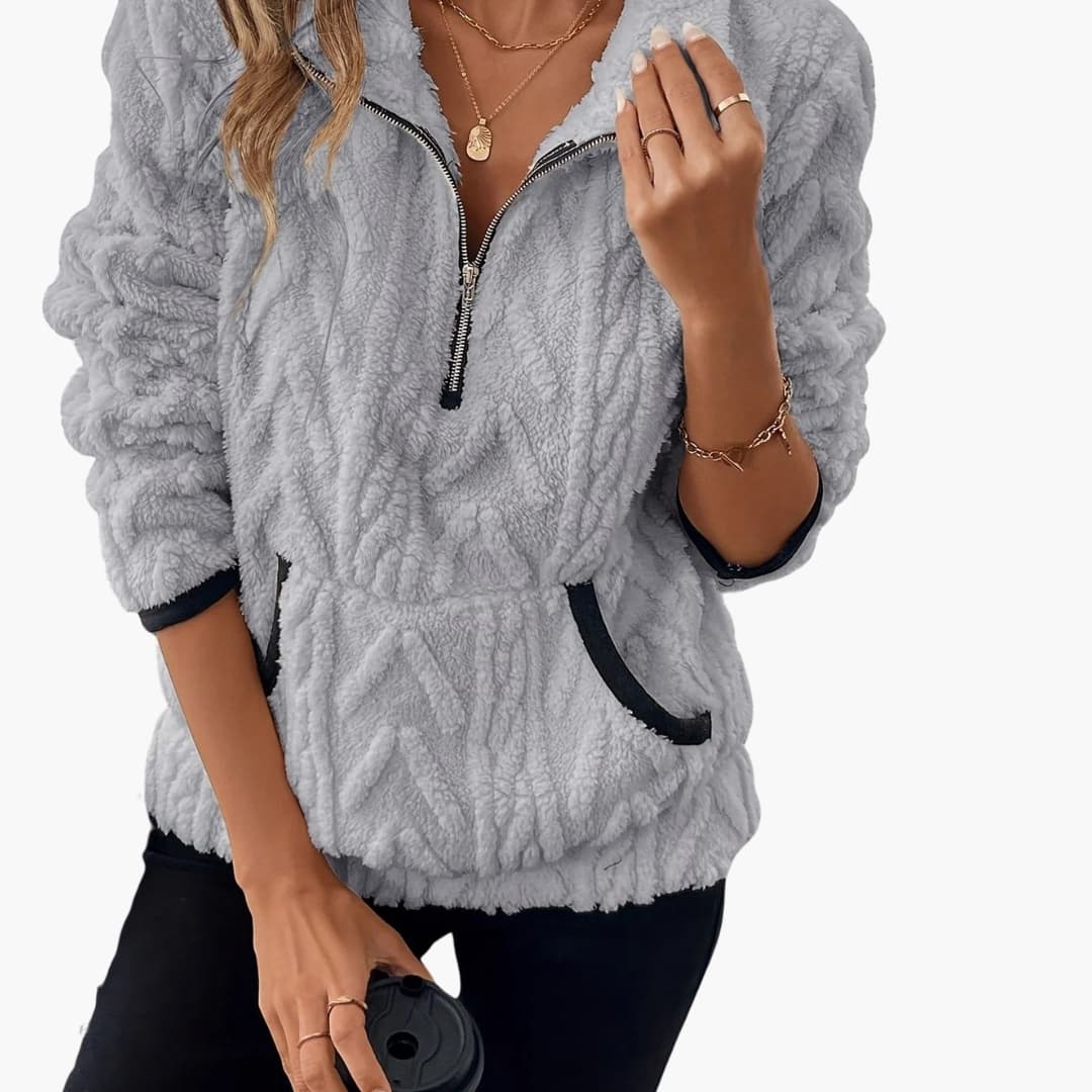 Women's plush fleece pullover half-zip stand-up collar with pockets, cozy relaxed fit
