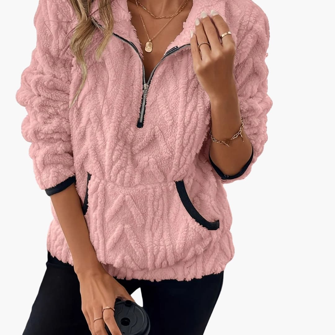 Women's plush fleece pullover half-zip stand-up collar with front pockets cozy relaxed fit