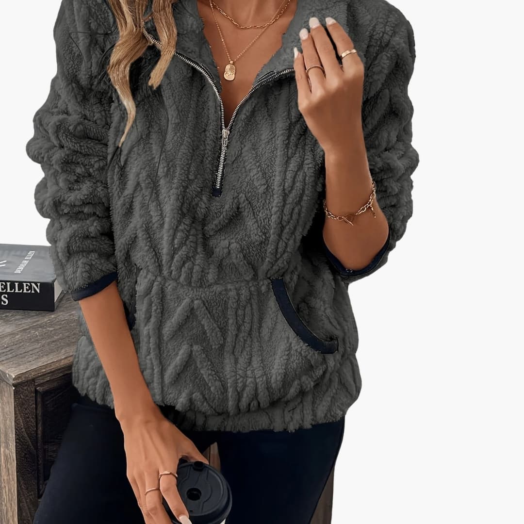 Women's plush fleece pullover half-zip stand-up collar with front pockets cozy relaxed fit