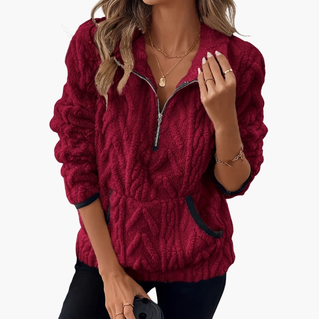 Women's plush fleece pullover half-zip stand-up collar with pockets cozy relaxed fit