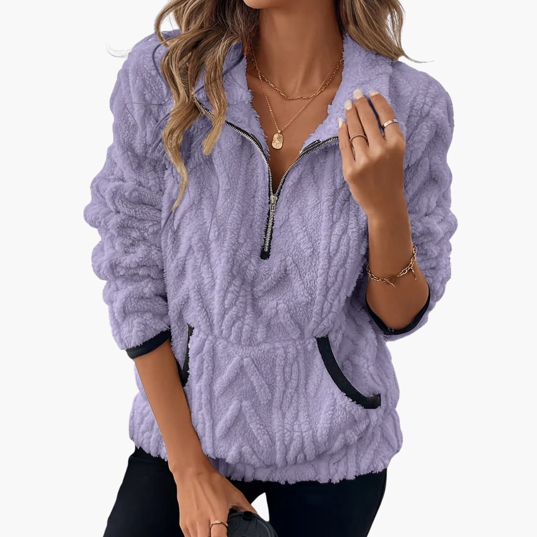 Women's plush fleece pullover half-zip stand-up collar with front pockets cozy relaxed fit
