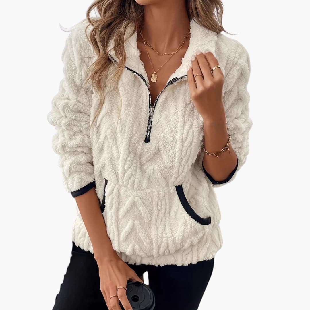 Women's plush fleece pullover half-zip stand-up collar with front pockets cozy relaxed fit