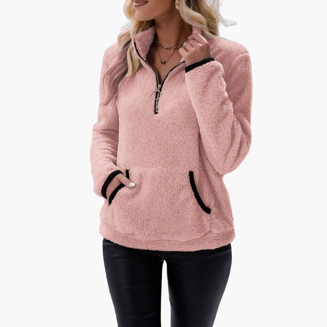 Women's cozy fleece pullover half-zip collar contrast trim side pockets casual outdoor layering