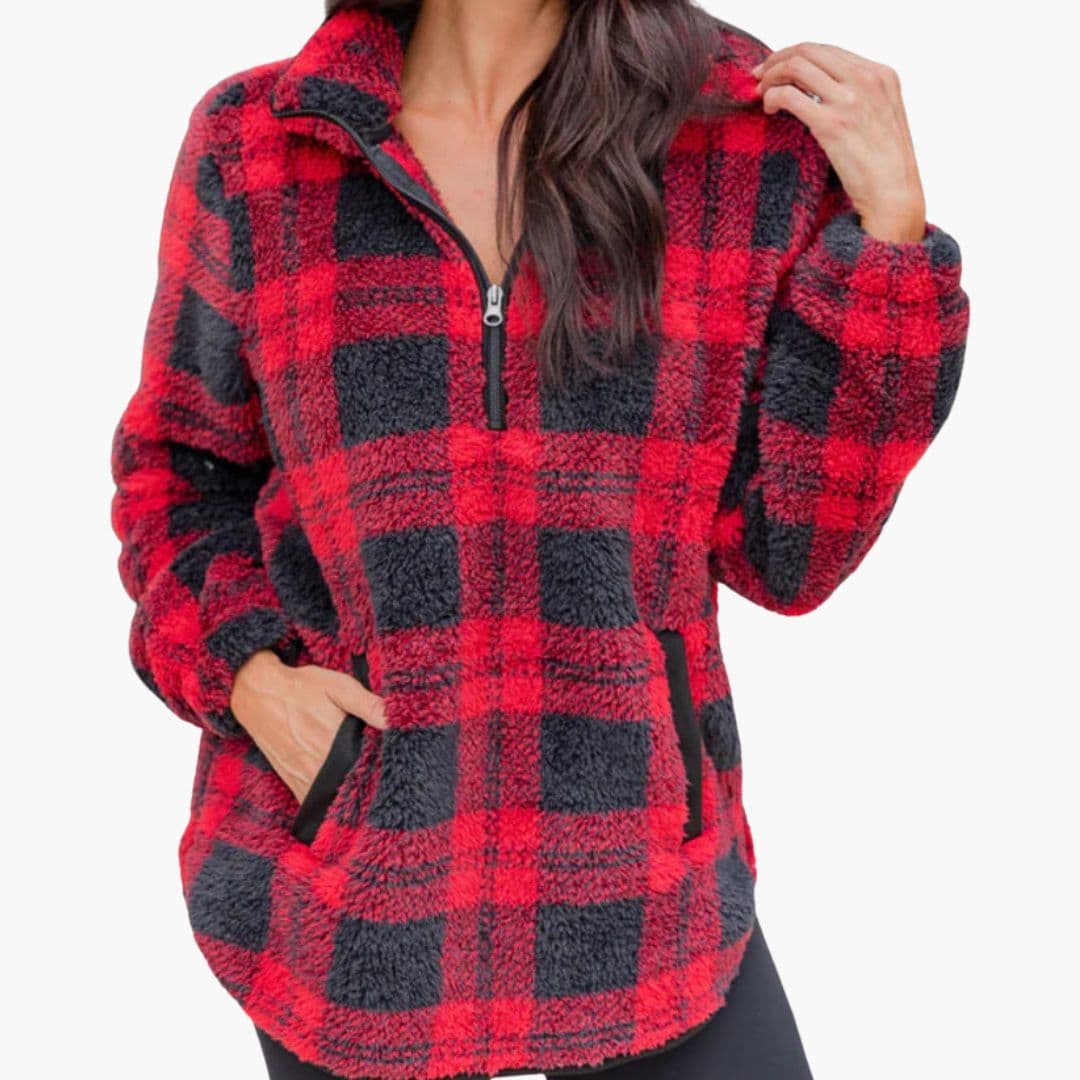 Women's checkered fleece pullover half-zip stand-up collar warm cozy everyday casual layer