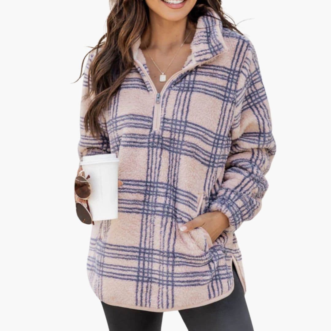 Women's checkered fleece pullover half-zip stand-up collar warm cozy casual everyday layering top