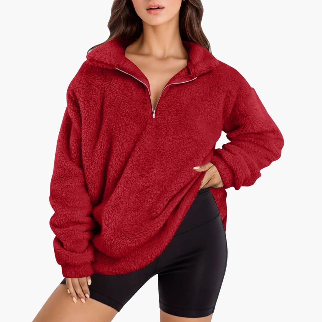 Women's oversized half-zip fleece pullover with stand-up collar, relaxed fit for cozy layering