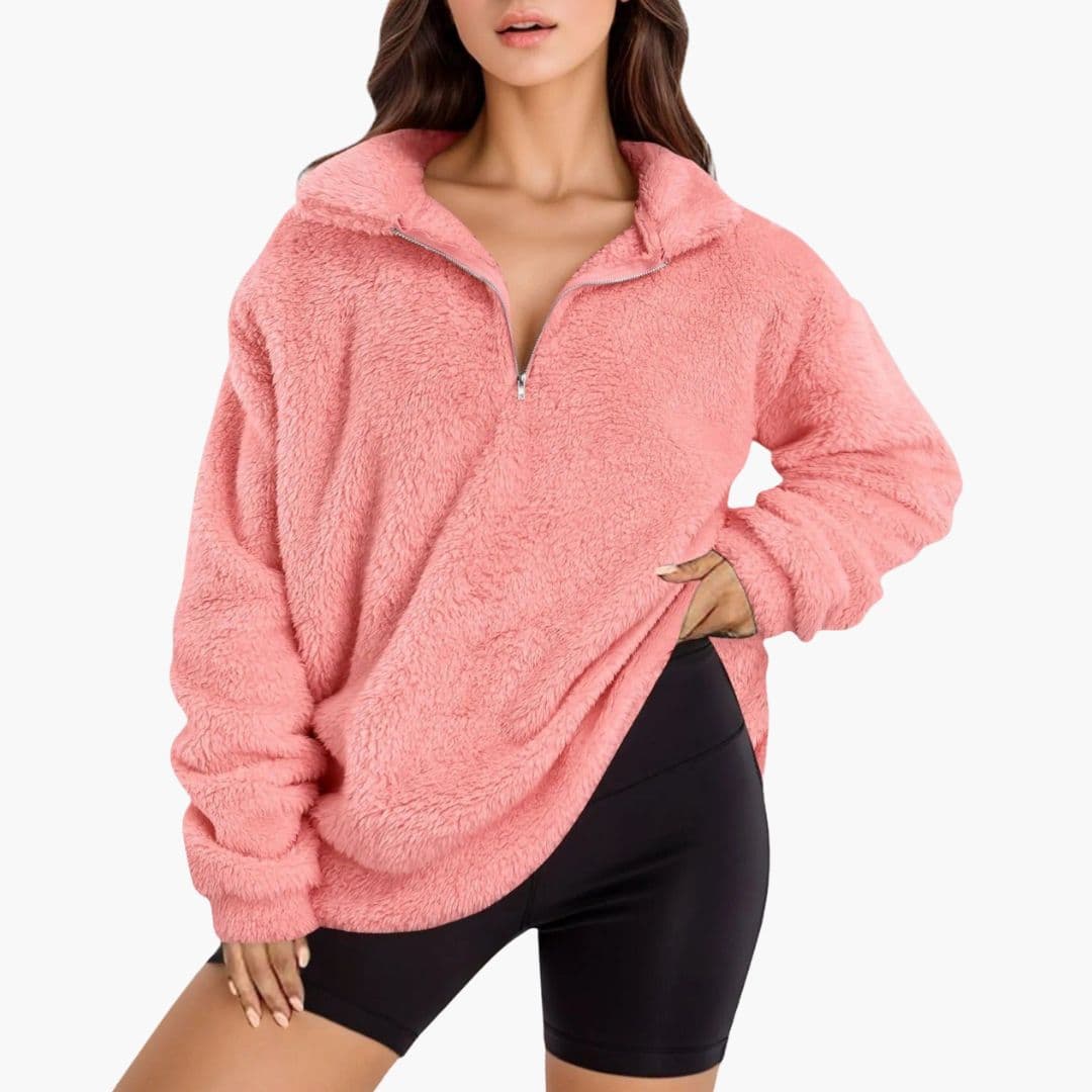 Women's oversized half-zip fleece pullover with stand-up collar, relaxed fit for cozy layering
