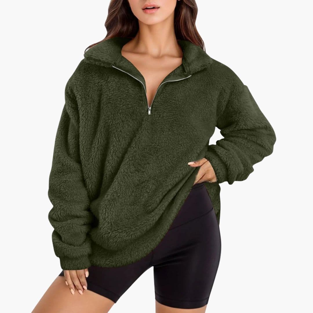 Women's oversized half-zip fleece pullover with stand-up collar, relaxed fit for cozy layering