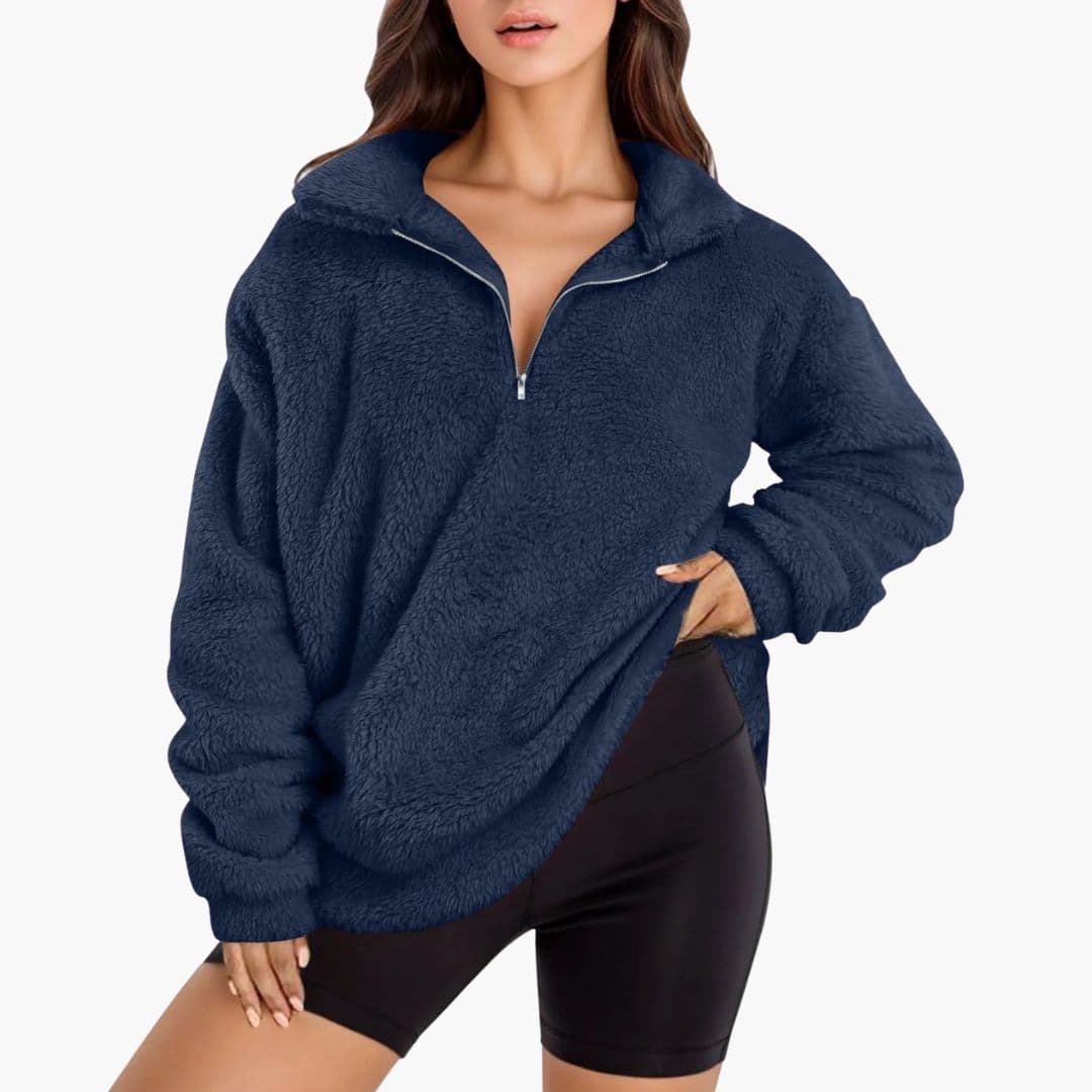 Women's oversized half-zip fleece pullover with stand-up collar, relaxed fit for cozy layering