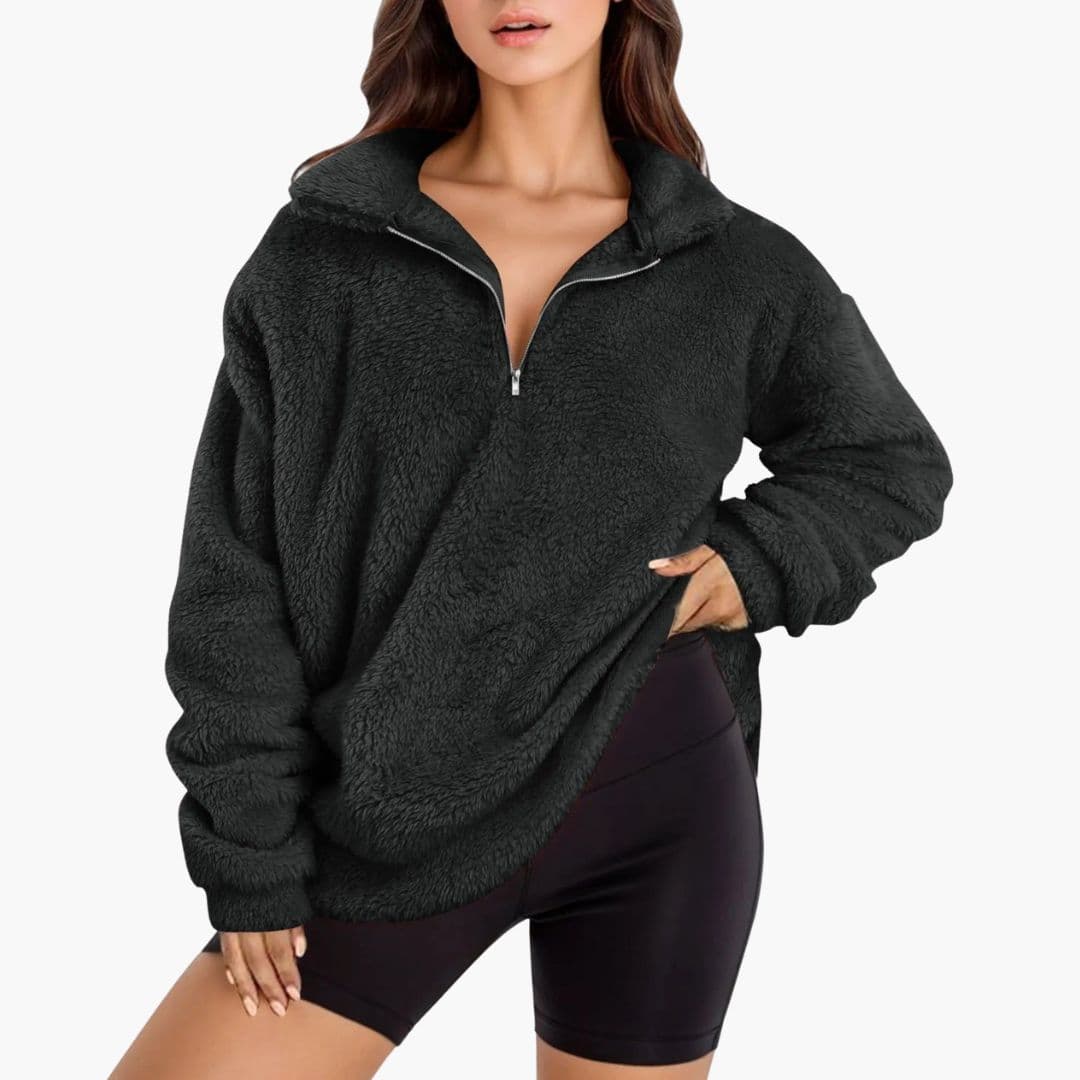 Women's oversized half-zip fleece pullover with stand-up collar, relaxed fit for cozy layering