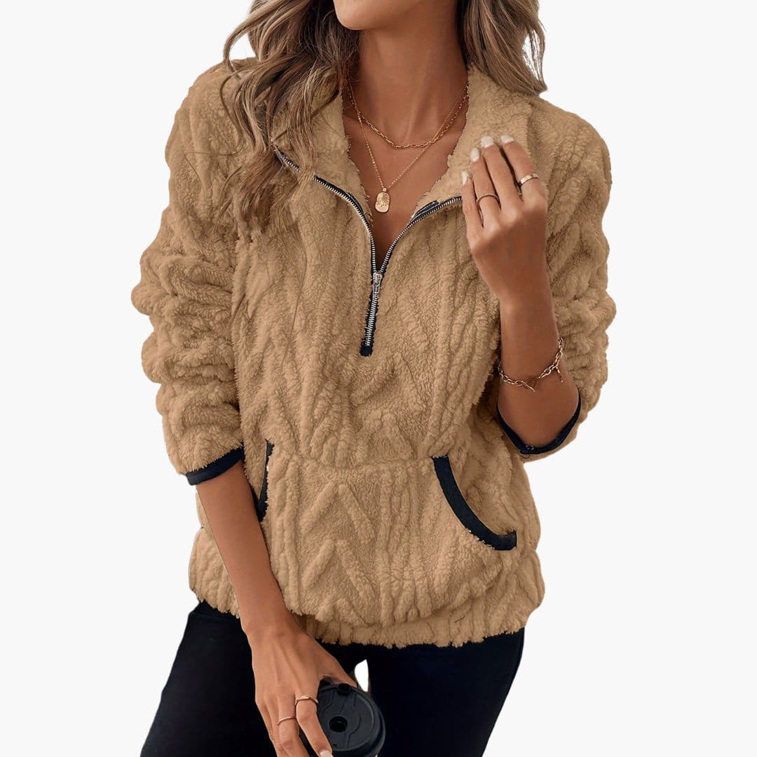 Women's textured chevron fleece pullover half-zip stand-up collar with side pockets active layer