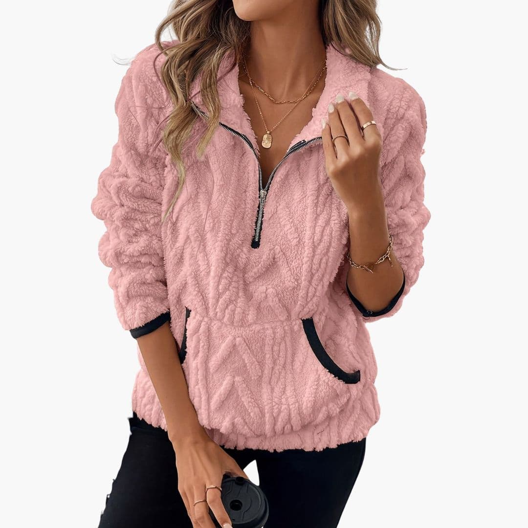 Women's chevron textured fleece pullover half-zip stand-up collar with side pockets active fit